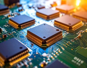 Close-up shot of a green circuit board with various integrated circuits