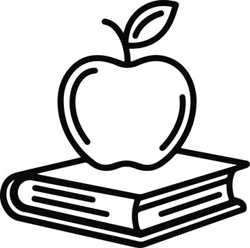 Simple line art icon of an apple resting on top of an open book symbolizing education and knowledge