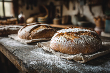 Freshly baked rustic bread loaves rest on wooden table in cozy kitchen, dusted with flour, evoking warm, homely atmosphere