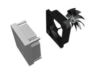 Professional Technical 3D Exploded View Diagram: Computer Water Cooling Radiator, Fan and Impeller. Detailed digital rendering of PC system hardware for advanced engineering, assembly, and thermal