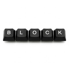 Five distinct black keyboard keys spell out the word BLOCK in a clean, modern studio setting, perfect for technology or communication themes.