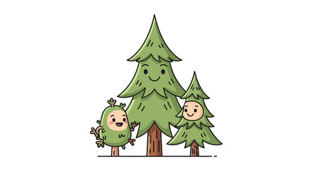 Fototapeta premium Whimsical forest friends illustration with joyful evergreen trees and leafy character