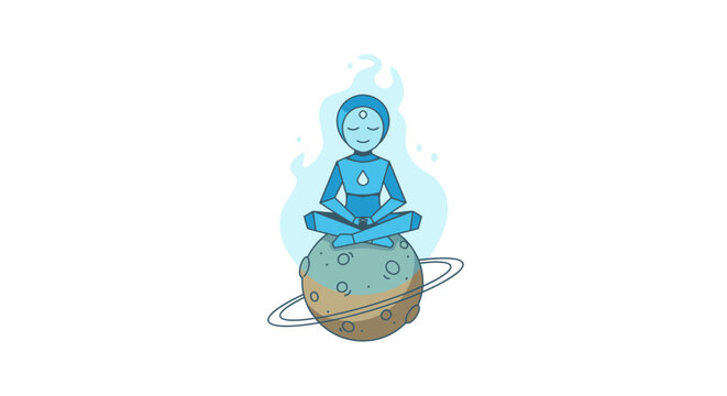 Cartoon illustration of a water elemental meditating on a planet for digital content