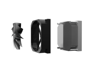 Detailed Exploded View 3D Render of Disassembled Modern CPU Cooler Components: Heatsink, Fan Housing, and Rotor Blades Isolated High-Resolution PNG for PC Cooling Technology and Technical Illustration