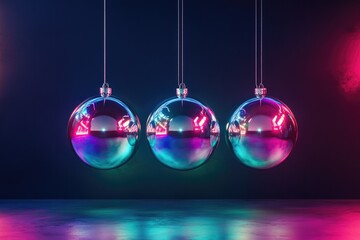 Shimmering ornaments reflect vibrant lights, creating festive at