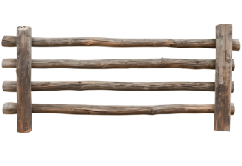 Isolated rustic three rail wooden log fence with weathered wood.
