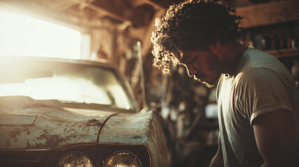 Man with curly hair stands thoughtfully in dimly lit garage next to vintage car, creating nostalgic atmosphere. sunlight filters through, highlighting dust and age of vehicle