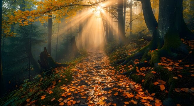 Hermoso bosque m&iacute;stico en niebla azul en oto&ntilde;o.
 Paisaje colorido con &aacute;rboles encantados con hojas naranjas y rojas.
 Paisaje con camino en un bosque de niebla de ensue&ntilde;o.
 Colores de oto&ntilde;o en octubre