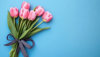 A vibrant bouquet of pink tulips tied with a black and white polka dot ribbon against a bright blue background.