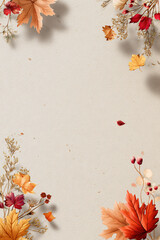 Fototapeta premium Minimalist autumn poster background with scattered leaves and vintage paper texture