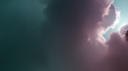 Dramatic sky with dark and light clouds creates moody atmosphere, blending shades of purple and teal. sunlight peeks through, adding contrast and depth to scene