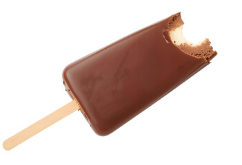 Chocolate coated vanilla ice cream bar on stick with bite