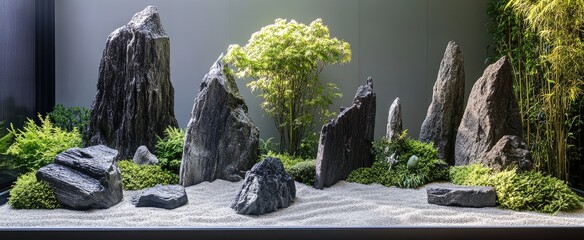 Artistic Indoor Zen Garden with Towering Textured Rocks and Vibrant Green Foliage