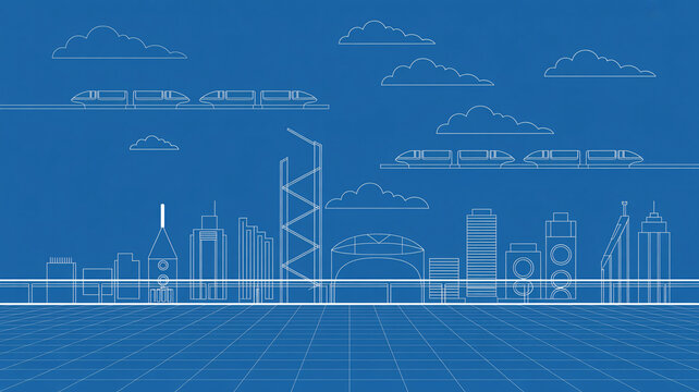 Modern city blueprint with sleek skyscrapers and monorail promises future urban development and transportation innovation for sustainable living concepts
