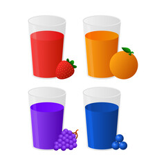 Various Fresh Fruit Juices Served in Glasses with Whole Fruits on the Side. Strawberry, Orange, Grape, and Blueberry Fruit Juice. Perfect for Smoothies, Organic Drinks, and Summer Refreshment.