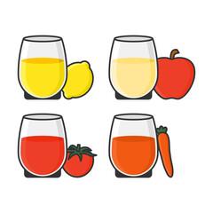 Collection of Fruit and Vegetable Juices with Whole Fruits Are Beside the Glass. Lemon, Apple, Tomato, and Carrot Juice. Suitable for Healthy Drinks, Fresh Smoothies, and Restaurant Menus.