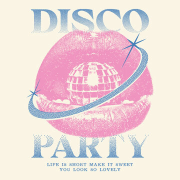 Lip with party ball artwork. Dancing queen disco party. Disco ball t shirt design. Disco party ball graphic print design poster. Modern urban streetwear style with Doted print, apparel, urban fashion