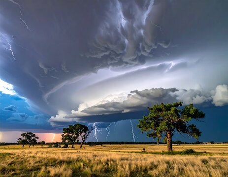 Dramatic thunderstorm illuminated by lightning strikes over a field