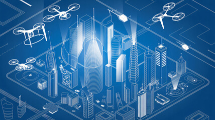 Futuristic blueprint of modern city with drones delivering packages and monitoring traffic, a vision for sustainable urban planning and smart city technology