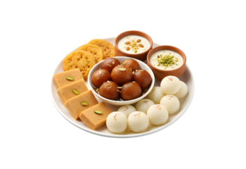 Famous Bengali Indian desserts mainly crafted from farmer's cheese, rice flour, gram flour, and ghee, presented on a plate against a white backdrop.