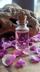 Delicate Pink Elixir in Corked Glass Vial Surrounded by Scattered Rose Petals and Natural Wood