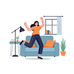 Happy woman jumping for joy in her cozy living room