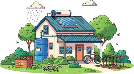 Eco-Friendly Home with Solar Panels, Rainwater Harvesting, and Sustainable Living Elements