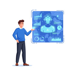 Man Interacting with Futuristic Holographic AI Display for Data Analysis and Business Insights