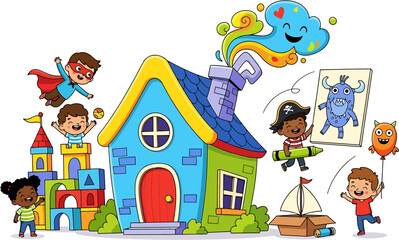Obraz premium Children's imaginative play in a whimsical house with fantasy characters and building blocks