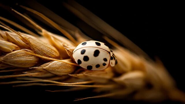 Close up of a white ladybug with black spots on a golden wheat stalk against a dark background