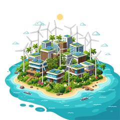 Sustainable Island Community with Green Energy and Modern Eco-Friendly Buildings