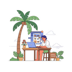 Freelancer working on laptop under a palm tree