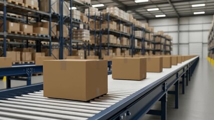 Cardboard boxes on conveyor belt in warehouse storage - Powered by Adobe