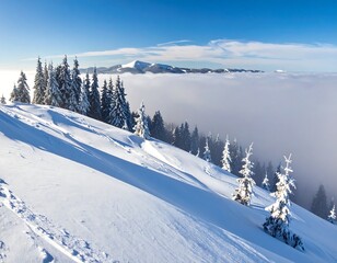 Snowy mountain landscape with a vast valley