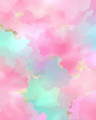 Abstract watercolor background with pink, teal, and gold accents, creating dreamy and soft atmosphere. blend of colors and textures evokes sense of calm and creativity