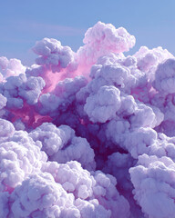 Fluffy pink and purple clouds create dreamy, surreal landscape against clear blue sky, evoking sense of wonder and imagination