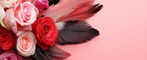 Elegant Arrangement of Red and Pink Roses with Dark and Red Feathers on Soft Pink Background