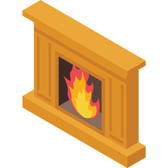 Isometric Digital Illustration Of A Wooden Fireplace With A Bright Orange And Yellow Flame Burning Inside On A Transparent Background