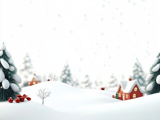 Christmas background in watercolor style for graphic design or wallpaper. A cartoonish rural village filled with white snow and beautifully decorated Christmas trees to welcome the Christian New Year.