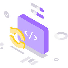 Isometric digital marketing concept with purple platform showing code icon and yellow refresh arrows on transparent background with subtle geometric elements