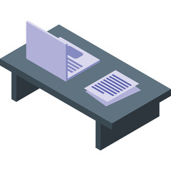 Isometric Digital Illustration of a Desk with Laptop and Papers on a Transparent Background for Business and Technology Concepts