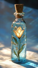 Enchanting Luminescent Flower Captured Within a Teal Glass Potion Bottle with Cork Stopper