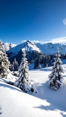 Fototapeta premium Snowy mountain landscape with pristine snow-covered peaks and evergreens