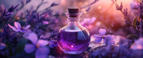 Enchanting Elixir Bottle Amidst Mystical Purple Flowers and Soft Bokeh Lights