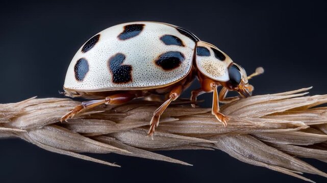 Close up of a white and black spotted ladybug crawling on a stem with a dark background