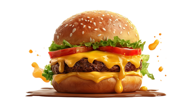 Flying burger on transparent background. png file