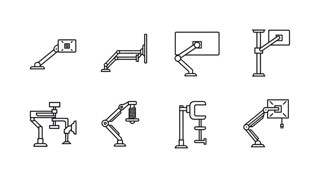 Collection of articulated monitor mounts and desk stands showing versatile positioning options vector