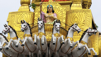 Colorful mythological sculptures seen on the arch building of Vaishno Devi Temple, Haridwar, Uttarakhand, India