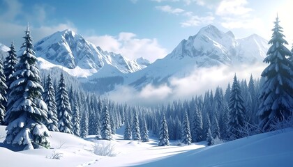 Obraz premium Snowy mountain range with pine forest