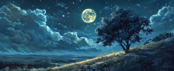 Enchanting Moonlit Nightscape with a Solitary Tree and Starry Sky